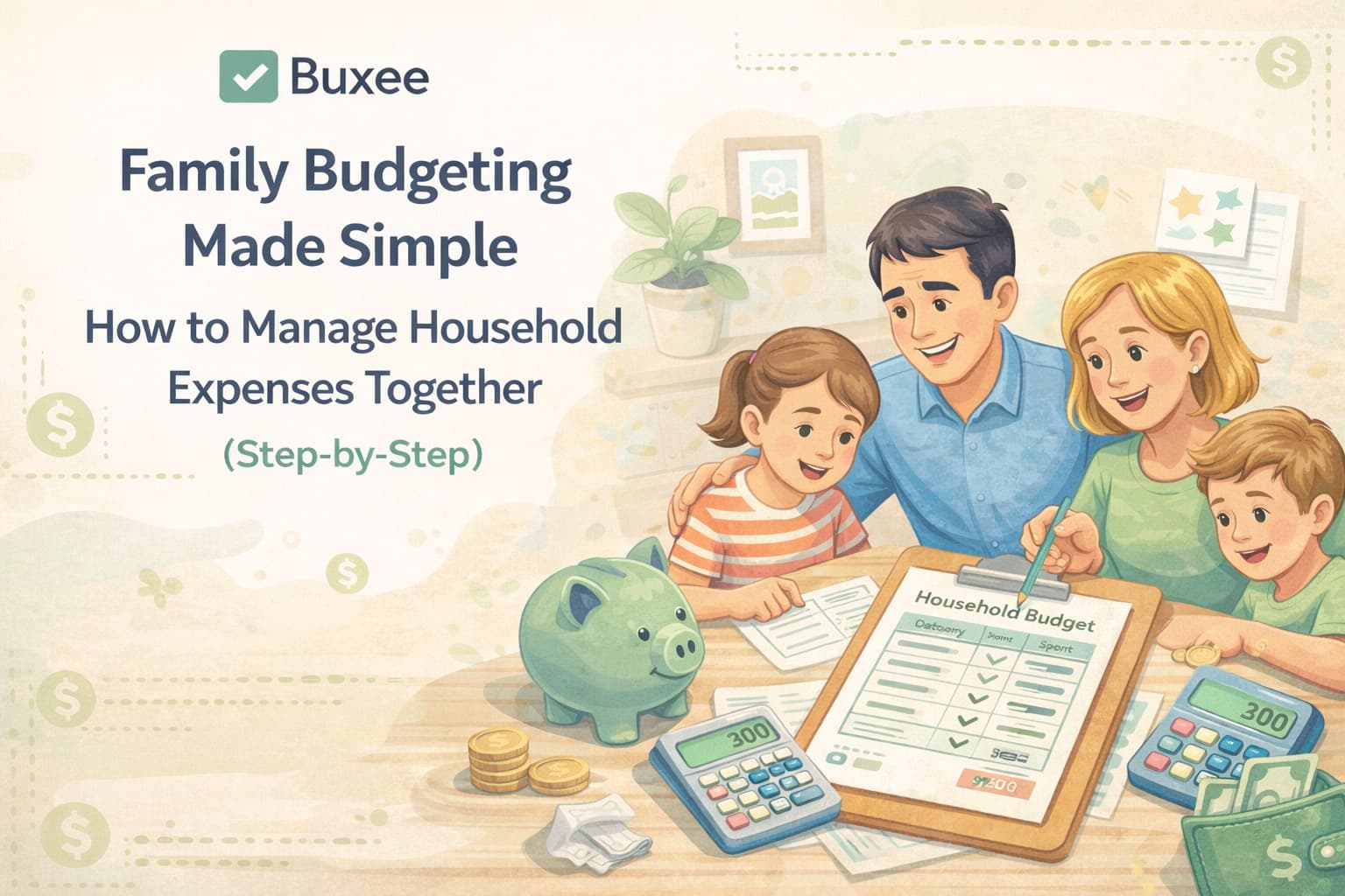 Notebook showing child budget categories with calculator, toy car, teddy bear, and family budgeting notes on a wooden desk