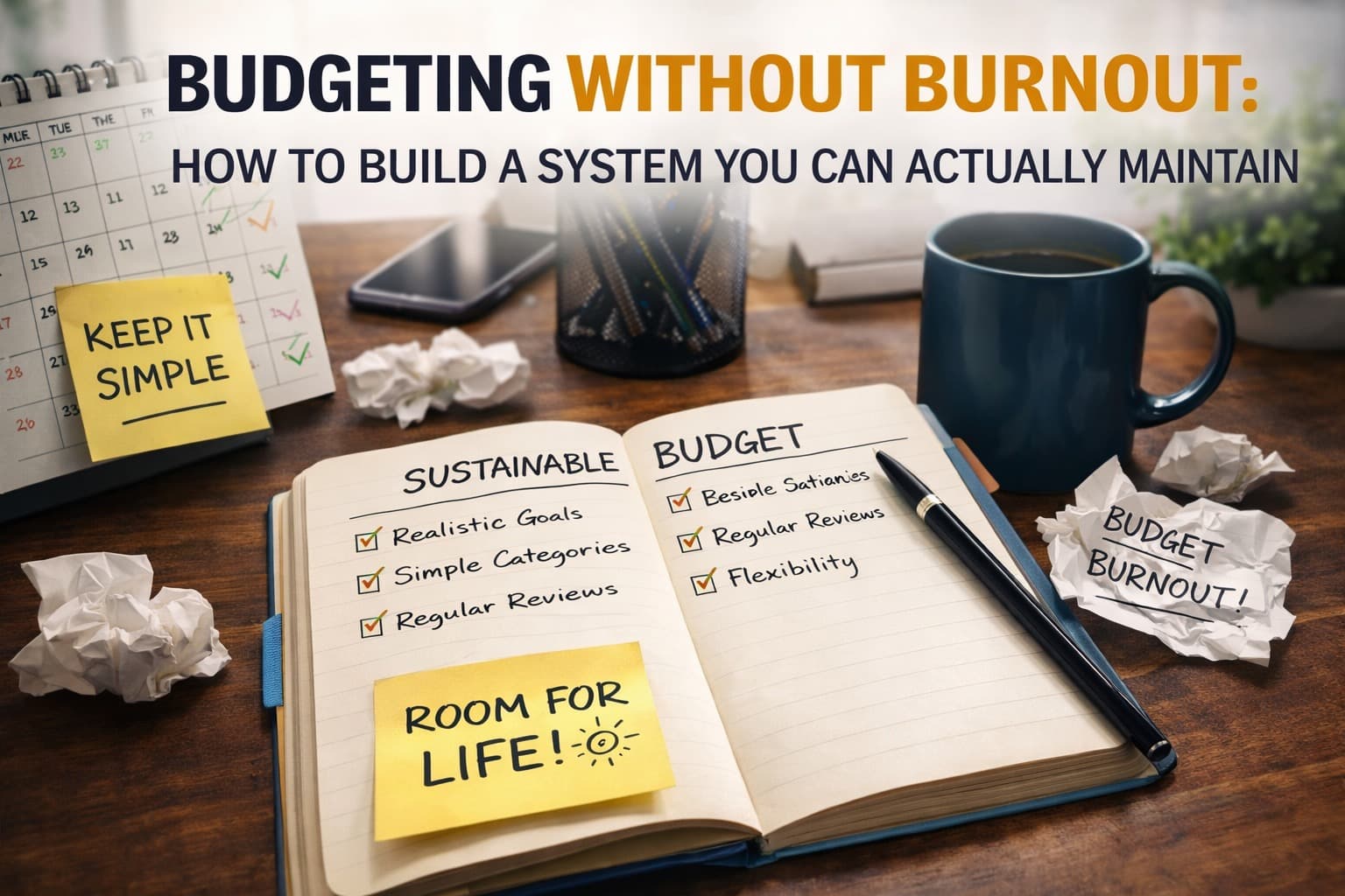Notebook with sustainable budget checklist, coffee mug, and budgeting notes illustrating a low-stress monthly budgeting system