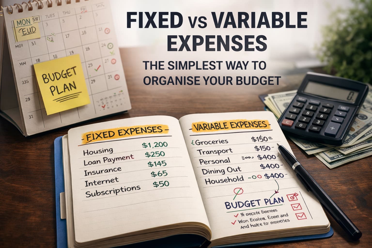 Budget notebook divided into fixed and variable expenses with calculator, cash, and monthly planning notes