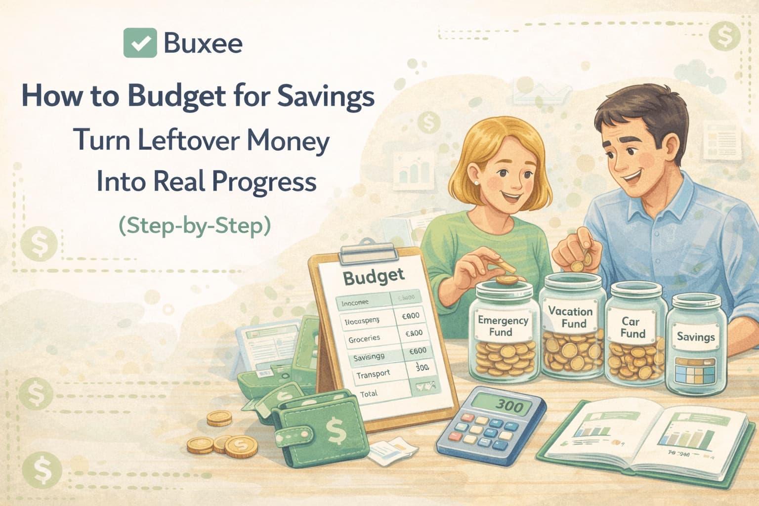Illustration of a couple organizing savings into labeled jars such as emergency fund, vacation fund, and car fund, representing budgeting for savings.