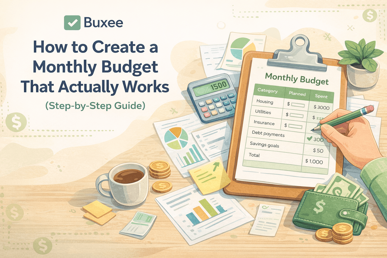 Illustration showing a monthly budget planner with categories, calculator, charts, and money, representing effective budget planning.
