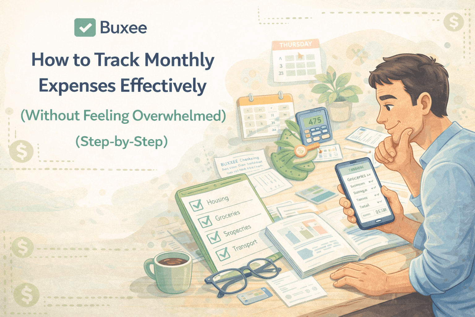 Illustration of a person calmly reviewing monthly expenses on a smartphone, representing simple and stress-free expense tracking.