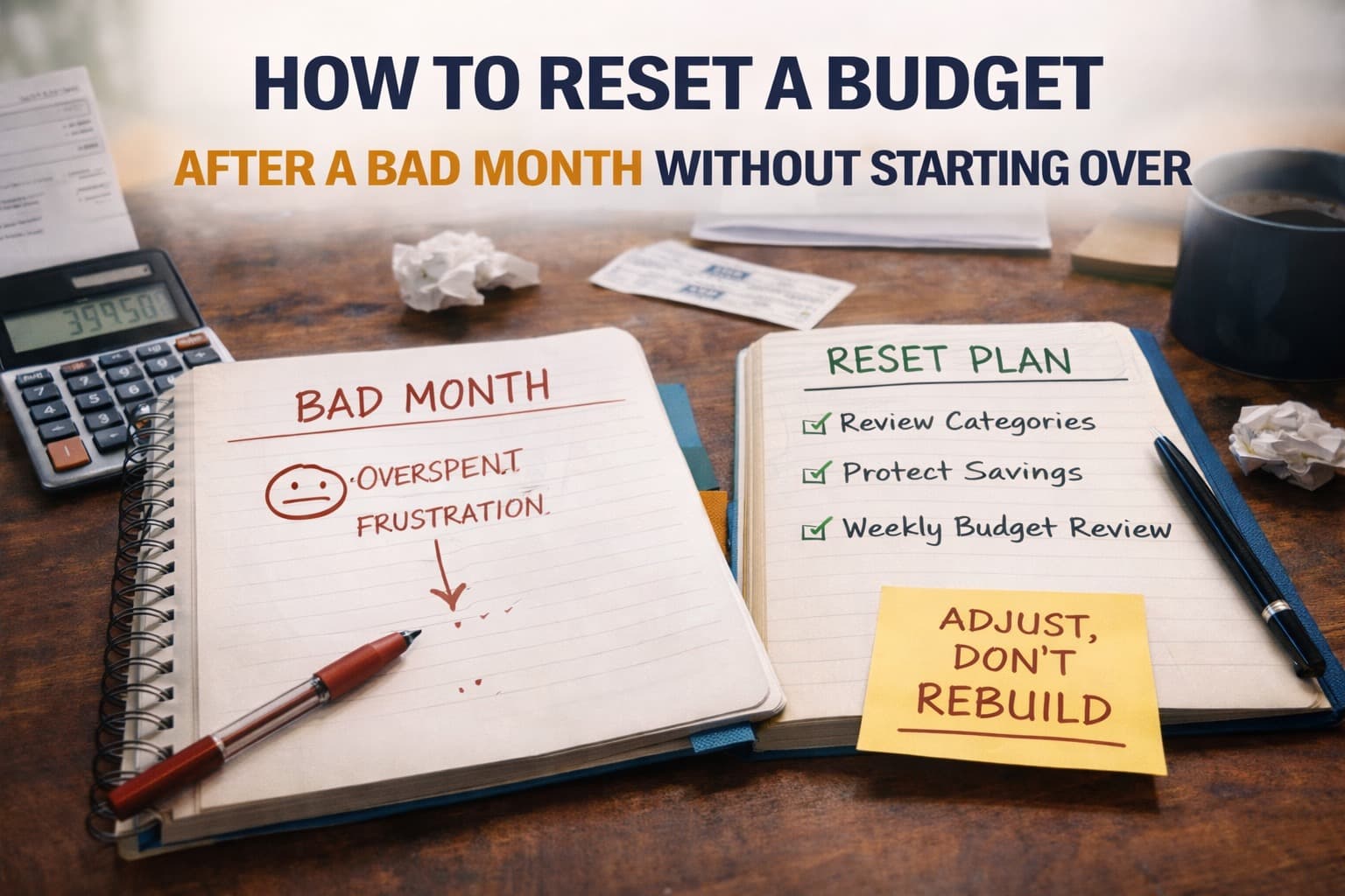 Budget notebook with reset plan, calculator, and handwritten financial recovery notes after an overspent month