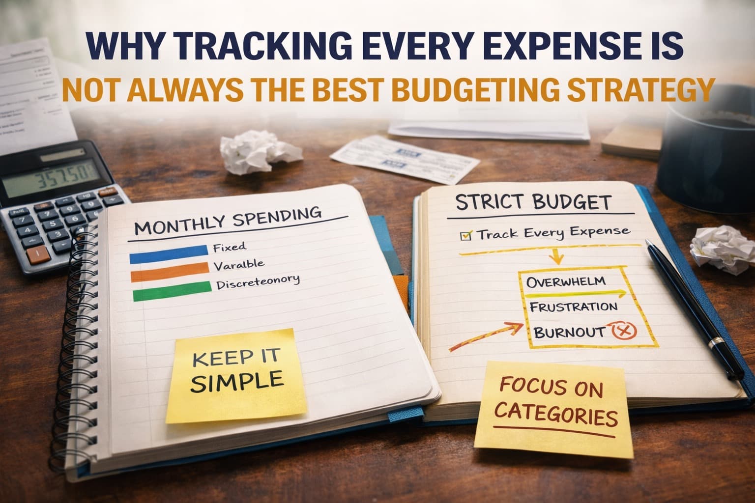 Budget notebooks, calculator, and planning notes comparing strict expense tracking with a simpler category-based budgeting approach