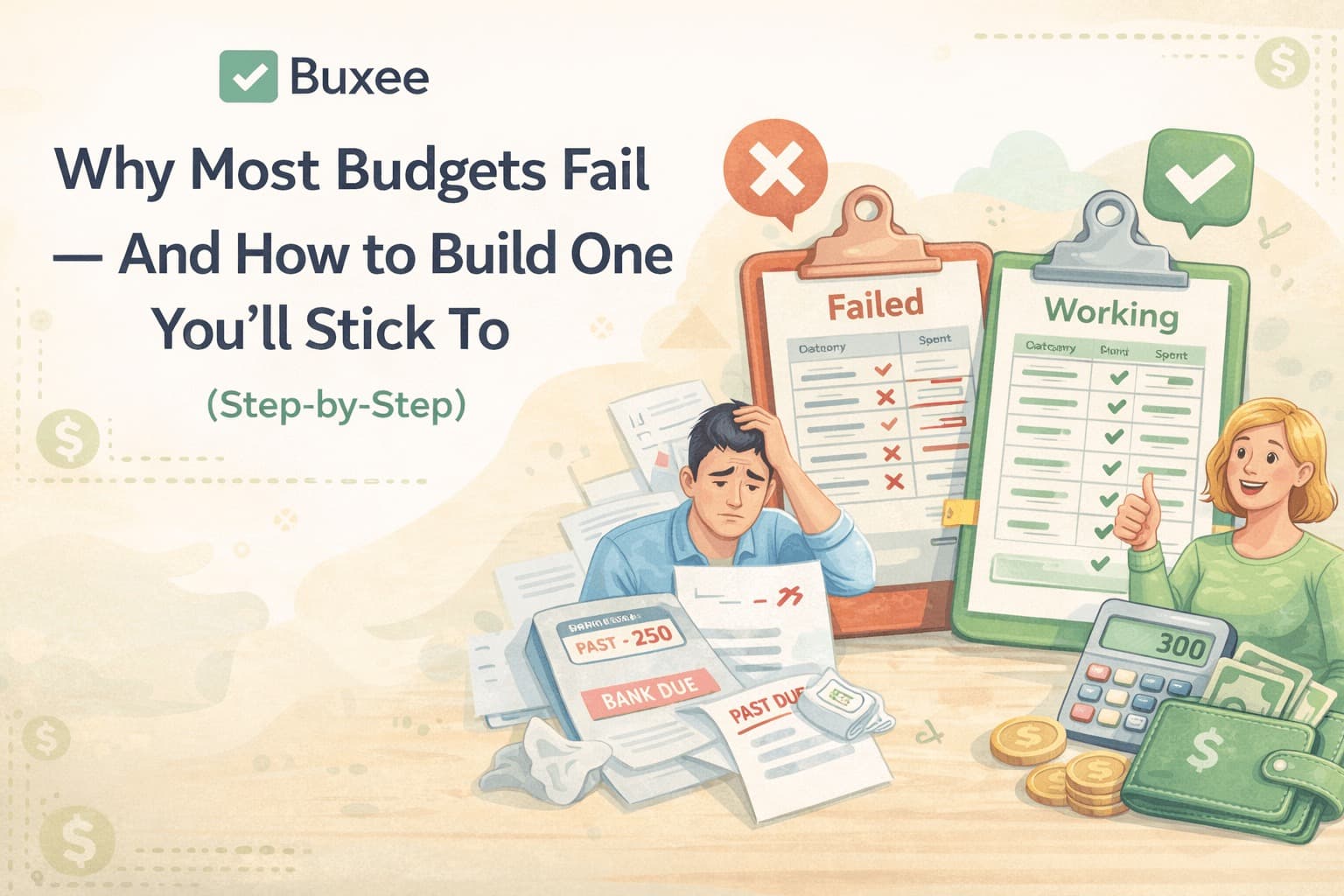Illustration comparing a failed budget with a working budget, showing common budgeting mistakes and successful budgeting habits.