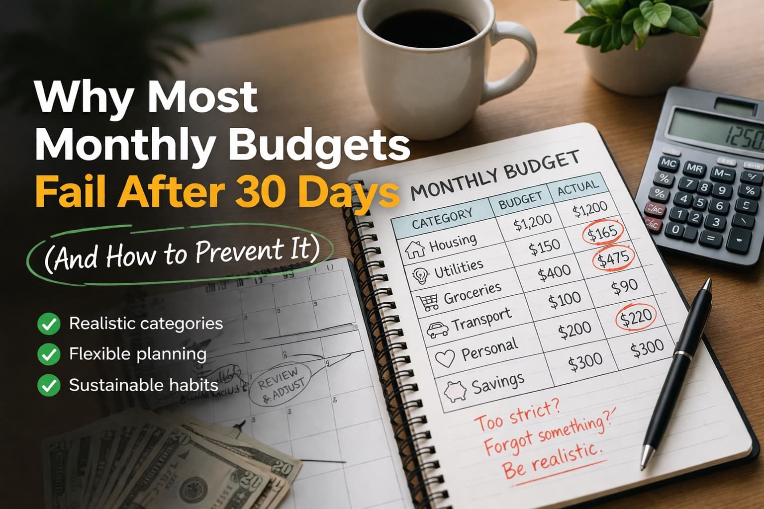 Monthly budget notebook, calculator, coffee cup, and expense notes illustrating why monthly budgets often fail after the first month